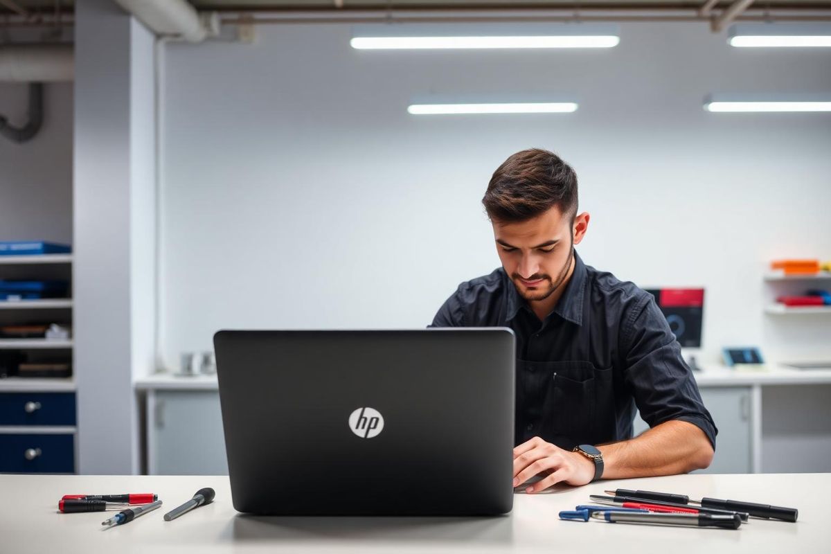 Technician repairing an HP laptop at HP Service Center Indore